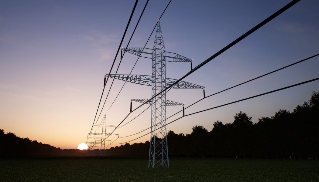 Industrial energy tower with overhead power lines over sunset horizon sky. Renewable sources electricity travelling inside web of interconnected electric cables, 3D render animation